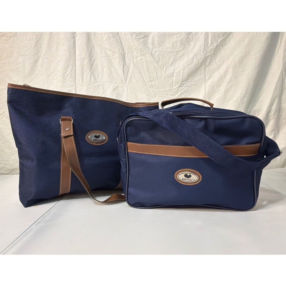Vincelli Navy Blue Canvas Travel Bag Set Tote and Messenger Carry On Brown Trim